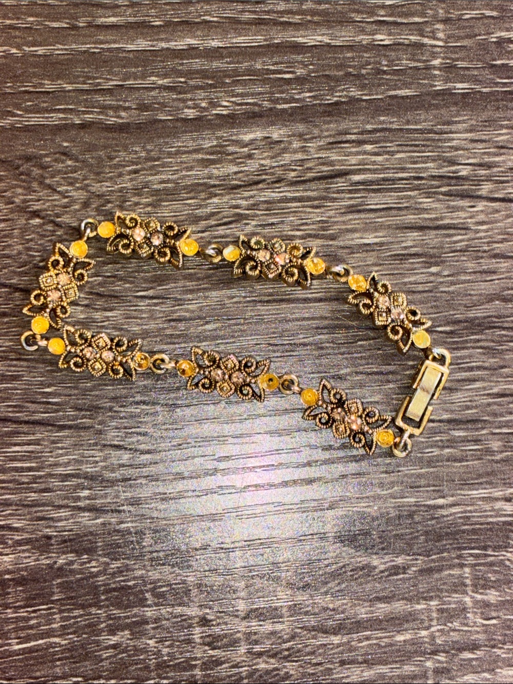 Vintage Gold Tone Link Bracelet Ornate Metal Work Yellow Accents
